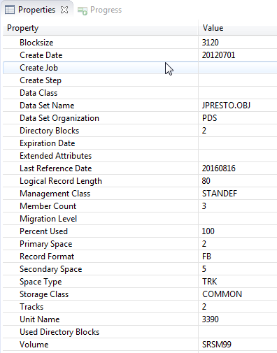 Properties table view