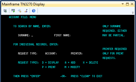 CICS Application in the Rumba Mainframe Display