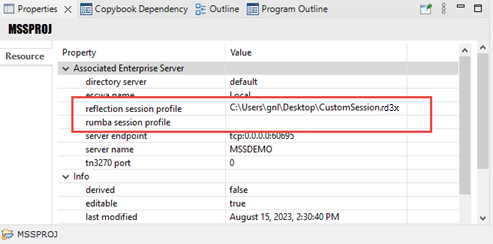 Project properties view showing reflection session profile file