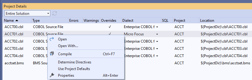 Right-click a line in the Project Details window to access the context menu commands. The commands enable you to open files, compile them, trigger a directives scan, apply the settings from the project, and access the file properties.